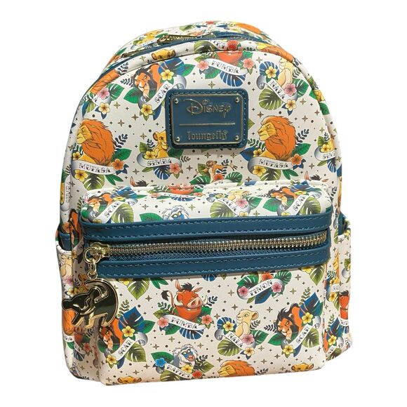LOUNGEFLY Backpack White Disney Lion King Tattoo Charm Pumba Simba Scar Tropical - Picture 1 of 7